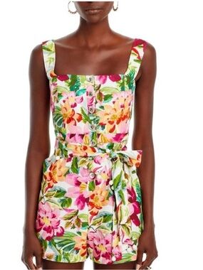 Farm Rio Painted Flowers Floral Button-Front Linen Romper in Pink & Green